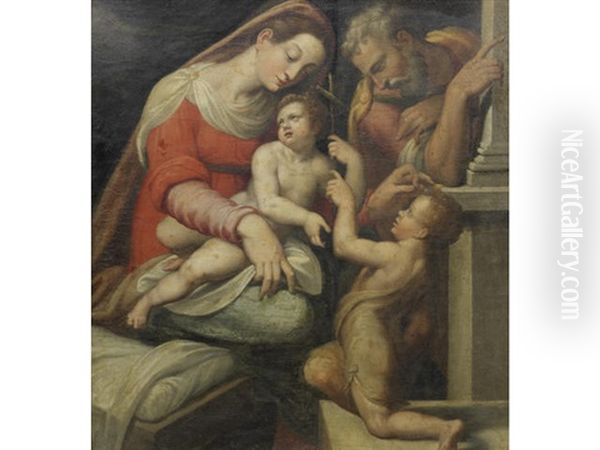 The Holy Family With The Infant Saint John The Baptist Oil Painting by Girolamo Siciolante Da Sermoneta