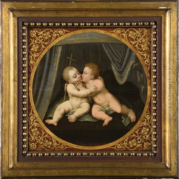 L'enfant Jesus Et Saint Jean-baptiste S'embrassant Oil Painting by Leonardo Da Vinci