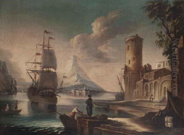 Paesaggio Con Nave, Figure E Torre D'avvistamento Oil Painting by Paolo Maria Antoniani