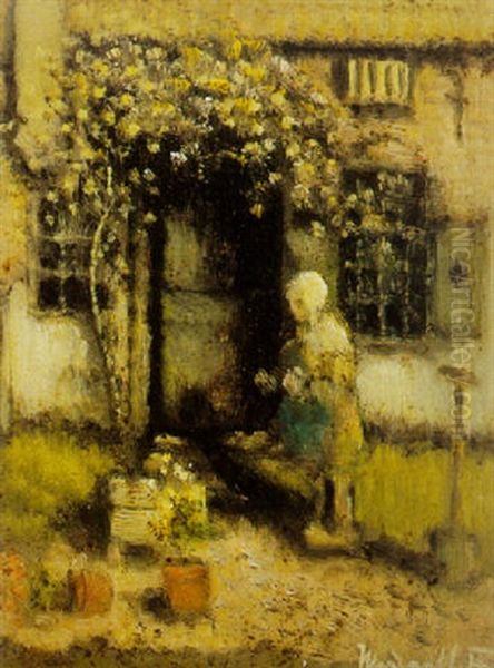 A Little Girl In A Yard Oil Painting by Henri Van Daalhoff