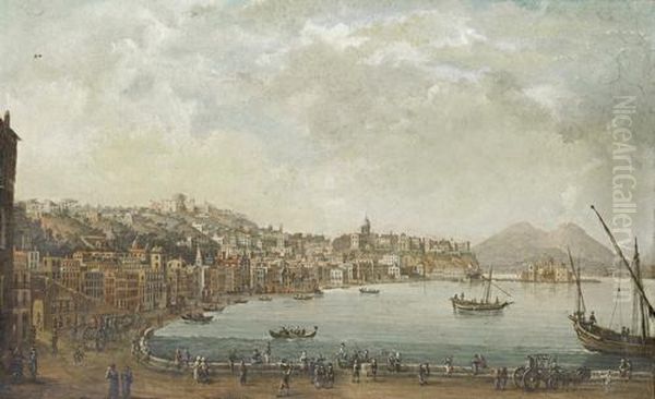 Naples And The Riviera Di Chiaia From Theconvento Di Sant'antonio, With Mount Vesuvius In The Distance Oil Painting by Pietro Antoniani