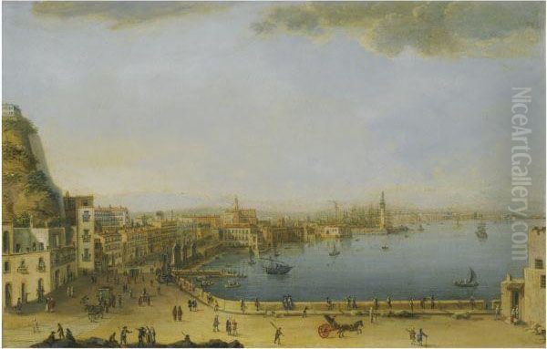 Naples, A View Of The Strada Di Santa Lucia From Pizzofalcone Tothe Ponte Della Maddalena Oil Painting by Pietro Antoniani