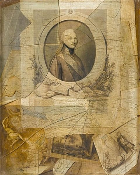 Trompe L'oeil With A Print Of Tsar Alexander I Of Russia, Together With Other Prints And Drawings Behind A Broken Pane Of Glass Oil Painting by Laurent Dabos