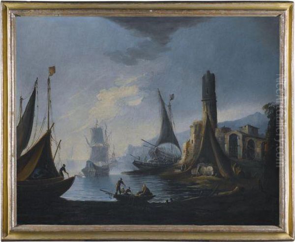 A Harbour Scene With Figures Disembarking Their Boats Oil Painting by Pietro Antoniani