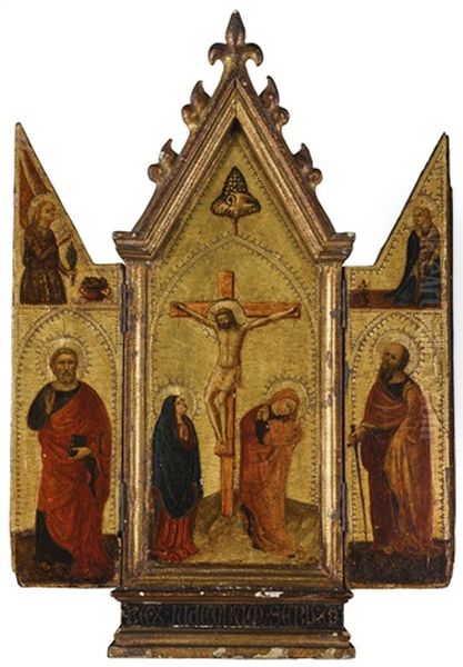 A Portable Triptych, With The Crucifixion, The Annunciation, Two Saints And The Pelican In Her Piety Oil Painting by Bernardo Daddi