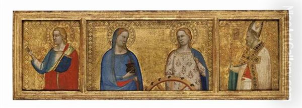 Saints Lucy And Catherine Of Alexandria, Saint John The Evangelist, And Saint Nicholas Of Bari (triptych) (from The S. Giorgio A Ruballa Altarpiece) Oil Painting by Bernardo Daddi