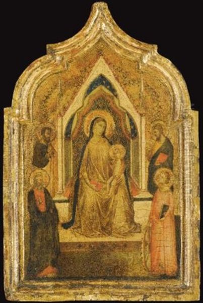 The Madonna And Child Enthroned With Saints (paul?), Bartholomew, An Evangelist (saint Matthew?) And Catherine Of Alexandria (left Shutter Of Diptych) Oil Painting by Bernardo Daddi