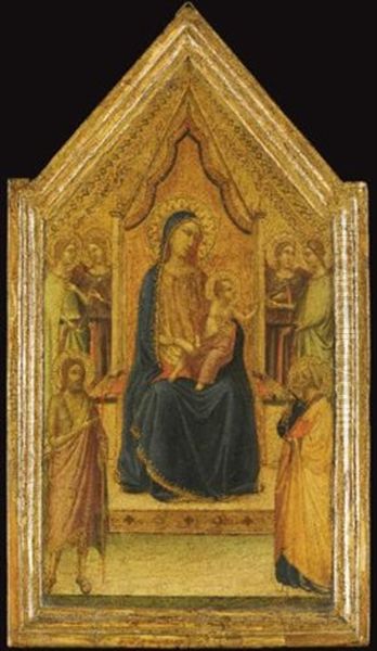 The Madonna And Child Enthroned Flanked By Four Angels And Saints John The Baptist And Peter (central Panel Of Tabernacle) Oil Painting by Bernardo Daddi