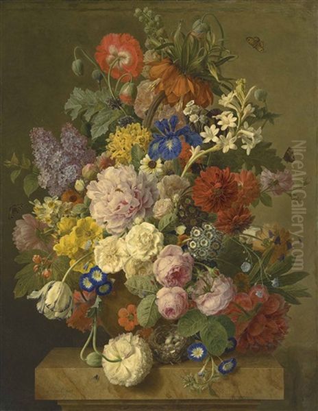 A Crown Imperial, Roses, Hyacinths, An Iris And Other Flowers In A Terracotta Vase With A Bird's Nest On A Plinth Oil Painting by Jan Frans Van Dael