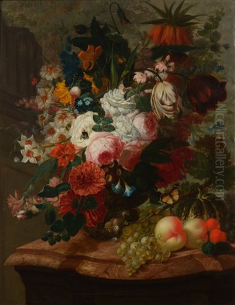 Vase De Fleurs, Peches, Raisins, Papillon Et Citrouille Sur Entablement De Marbre Moulure Oil Painting by Jan Frans Van Dael