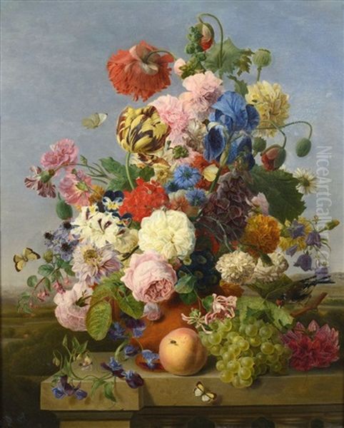 Vase De Fleurs, Et Peche Sur Un Entablement De Pierre, Sur Fond De Paysage Oil Painting by Jan Frans Van Dael