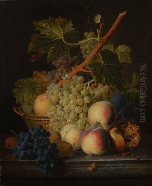 Raisins, Corbeille De Fruits Et Grenade Ouverte Sur Un Entablement Oil Painting by Jan Frans Van Dael