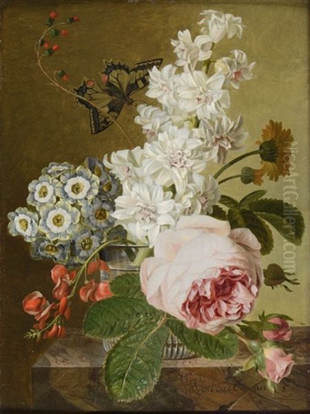 Bouquet Dans Un Verre De Primeveres, Roses, Pois De Senteur Et Papillon Oil Painting by Jan Frans Van Dael