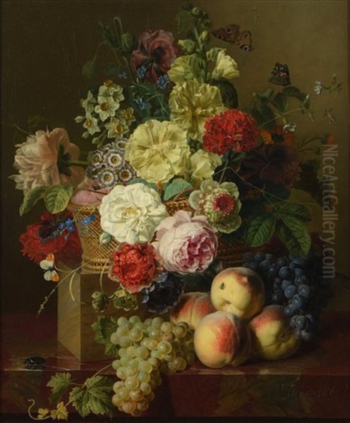 Corbeille De Fleurs, Raisins Et Peches Sur Un Entablement De Marbre Oil Painting by Jan Frans Van Dael