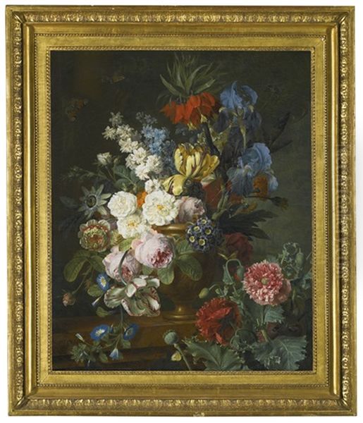 Still Life With Fritillaria Imperialis, Roses And Tulips In A Stone Vase, On A Red Marble Ledge Oil Painting by Jan Frans Van Dael