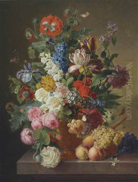 Peonies, Roses, Tulips, An Iris And Other Flowers In An Alabaster Vase On A Stone Ledge With Fruit Oil Painting by Jan Frans Van Dael