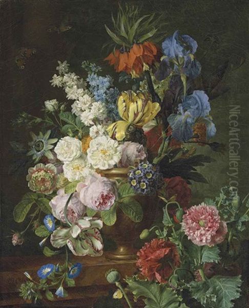 Fritillaria Imperialis, Roses, Tulips, Morning Glory, An Anemone, Auriculas, Irises And A Passion Flower In A Stone Vase On A Ledge Of Red Marble, With Poppies And Butterflies Oil Painting by Jan Frans Van Dael