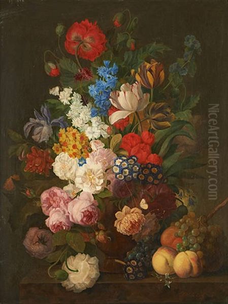 Composition Florale Avec Fruits Sur Entablement Oil Painting by Jan Frans Van Dael