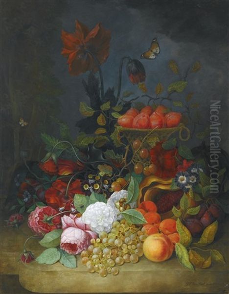 Still Life Of Roses And Other Flowers, With Plums In A Tall Basket, Grapes, Apricots And Gooseberries All Upon A White Marble Ledge, Two Butterflies Fluttering Oil Painting by Jan Frans Van Dael