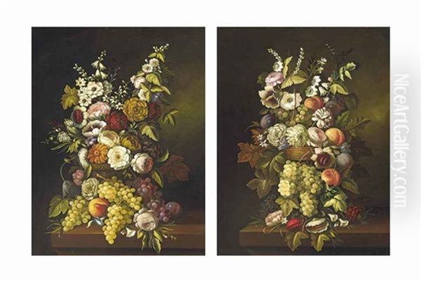 Roses, Daisies And Other Blooms In A Wicker Basket, With Grapes And Peaches On A Ledge (2 Works) Oil Painting by Jan Frans Van Dael