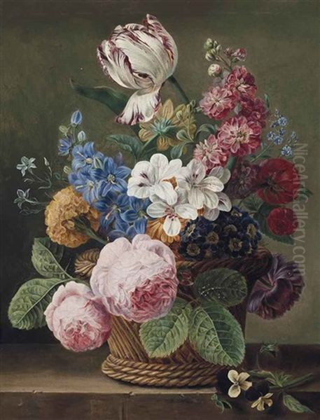 A Parrot Tulip, Roses, Morning Glory And Other Flowers In A Wicker Basket On A Ledge Oil Painting by Jan Frans Van Dael