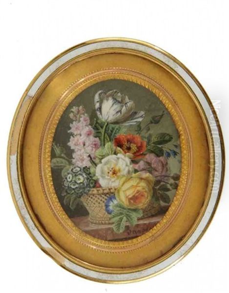 Bouquet De Fleurs Printanieres (rare Tulipe A Veines Bleues, Delphinium, Primeveres, Pavot, Roses, Liserons) Dans Une Corbeille Sur Un Entablement De Marbre Oil Painting by Jan Frans Van Dael