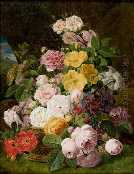 Bouquet De Fleurs Dans Un Panier A L'interieur D Une Grotte Oil Painting by Jan Frans Van Dael