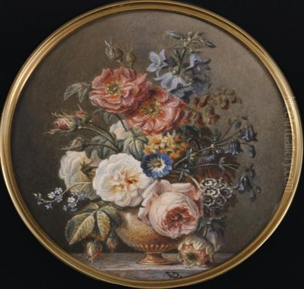 Vase De Marbre, Roses Blanches Et Roses Auriculae, Mina Lobata, Narcisses, Pivoines, Sur Un Entablement De Marbre Veine Gris Oil Painting by Jan Frans Van Dael