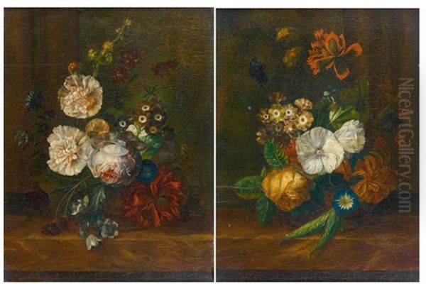 Bouquet De Fleurs Sur Un Entablement (+ Another; Pair) Oil Painting by Jan Frans Van Dael