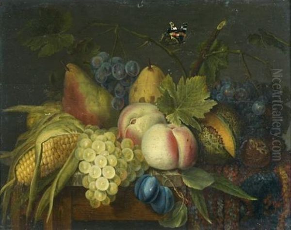 Nature-morte A L'epi De Mais Et Divers Fruits Sur Un Entablement Oil Painting by Jan Frans Van Dael