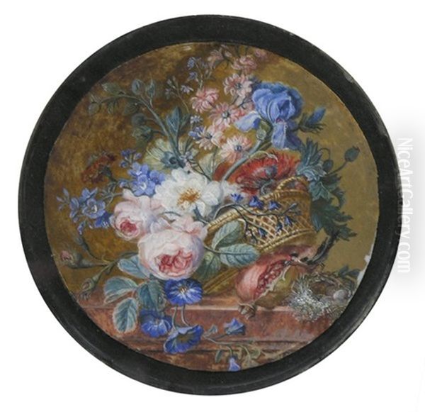 Bouquet De Fleurs, De Guingois Dans Un Panier, Sur Un Entablement Decore D'une Grenade Et D'un Nid D'oiseau. Oil Painting by Jan Frans Van Dael