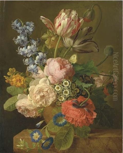 Bouquet De Roses, Jacinthes, Narcisses, Auriculas, Jonquilles, Tulipes Et Pavots Dans Un Vase Sur Un Entablement Oil Painting by Jan Frans Van Dael