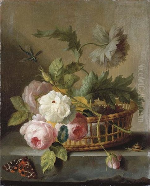 Roses And Morning Glory In A Basket On A Stone Ledge, With A Ladybird, A Snail, A Red Admiral Butterfly And A Dragon Fly Oil Painting by Jan Frans Van Dael