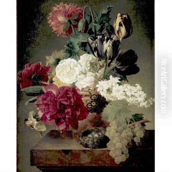 Vase Of Flowers With A Nest On A Ledge Oil Painting by Jan Frans Van Dael