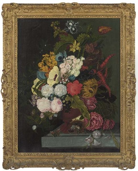 Roses, Poppies, Peonies, Parrot Tulips, A Sunflower And Other Flowers In An Urn On A Stone Ledge, With A Butterfly And A Nest With Eggs by Jan Frans Van Dael