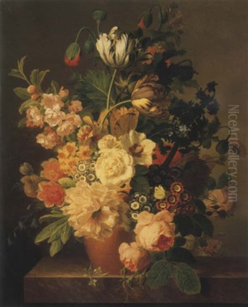 Roses, Tulipes, Liseron, Dahlias Et Autres Fleurs Dans Un Pot En Terre Sur Un Entablement En Marbre Oil Painting by Jan Frans Van Dael