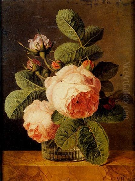 Nature Morte Au Bouquet De Roses Dans Un Vase En Verre Sur Un Entablement Oil Painting by Jan Frans Van Dael