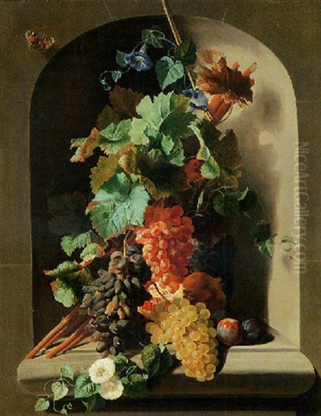 Grappes De Raisins Et Fleurs Dans Une Niche Oil Painting by Jan Frans Van Dael