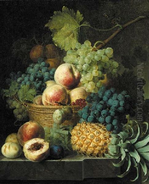 Apples, Grapes, Apricots And Berries In A Basket, With A Pineapple, Grapes And Other Fruit On A Marble Ledge Oil Painting by Jan Frans Van Dael