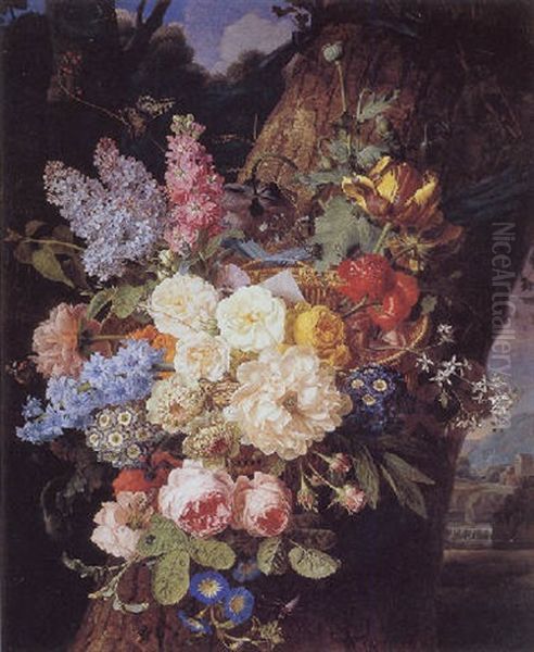 A Still Life Of Roses, Lilacs, Primroses, Morninglories, Tulips, Peonies, Delphinium And Other Flowers With A Letter Oil Painting by Jan Frans Van Dael