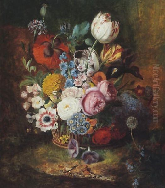 Still Life Of Flowers In A Basket, Together With A Dragonfly Oil Painting by Jan Frans Van Dael