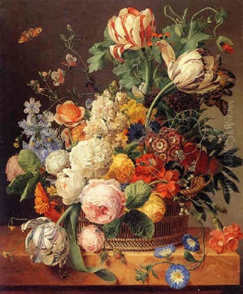 Still Life Of Roses, Tulips, Morning Glories And Other Flowers In A Basket Resting On A Marble Ledge Oil Painting by Jan Frans Van Dael