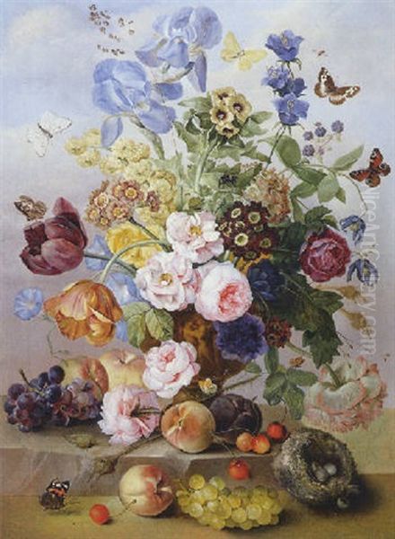 Roses, Tulips, Irises, Peonies And Other Flowers In A Sculpted Vase With Peaches, Grapes, Cherries And A Bird's Nest On A Marble Ledge by Jan Frans Van Dael