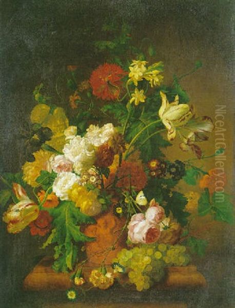 Nature Morte Au Bouquet De Fleurs Dans Un Vase Sculpte Sur Un Entablement De Marbre Oil Painting by Jan Frans Van Dael