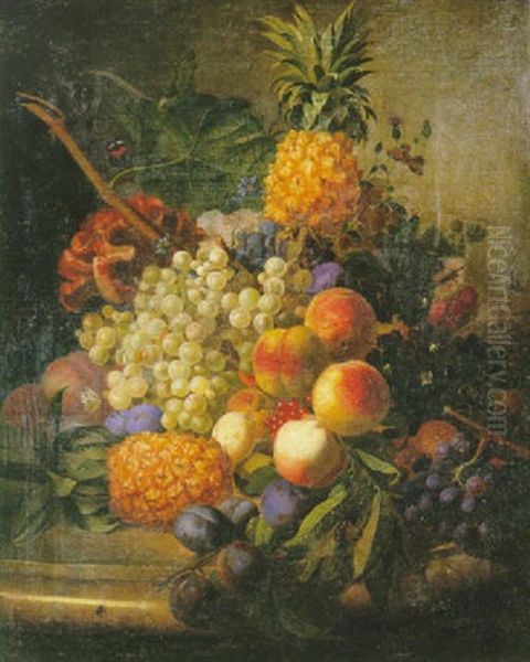 Nature Morte Aux Raisins, Peches Et Ananas Sur Un Entablement De Marbre Oil Painting by Jan Frans Van Dael