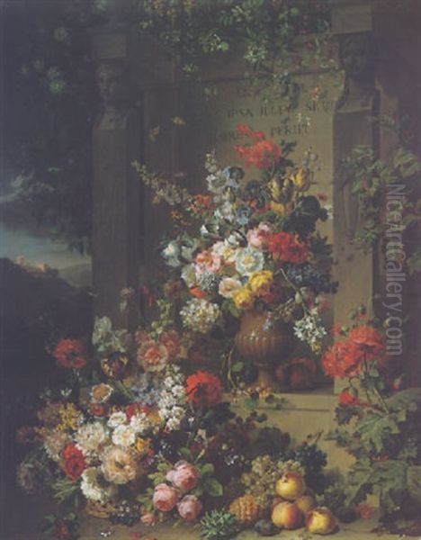 An Ornamental Garden With Various Flowers In An Alabaster Vase Within A Sculpted Stone Mausoleum, Fruits And A Basket Of Flowers In The Foreground by Jan Frans Van Dael