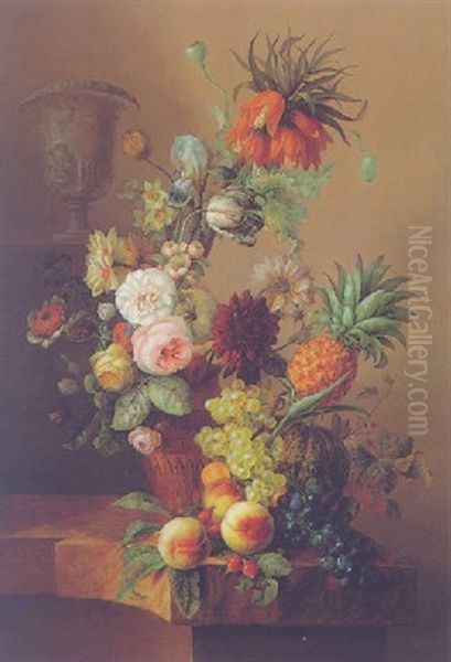 Still Life Of Various Flowers In A Terracotta Vase, Peaches, Grapes, A Melon And Pineapple In The Foreground, On A Mable Table Oil Painting by Jan Frans Van Dael