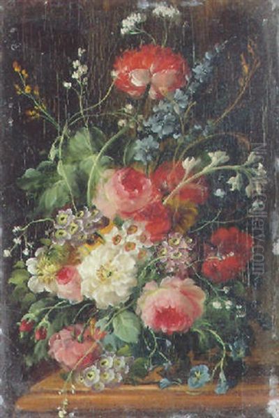 A Still Life Of Roses, Peonies, Hyacinths And Other Flowers In A Vase On A Wooden Ledge by Jan Frans Van Dael