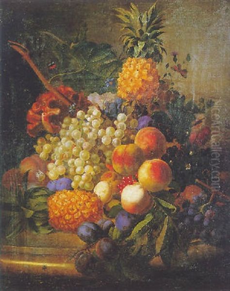 Nature Morte Aux Raisins, Peches Et Ananas Sur Un Entablement De Marbre Oil Painting by Jan Frans Van Dael