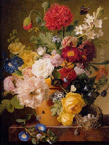 A Peony, Roses, An Iris And Other Flowers In A Terracotta Vase On A Marble Ledge Oil Painting by Jan Frans Van Dael